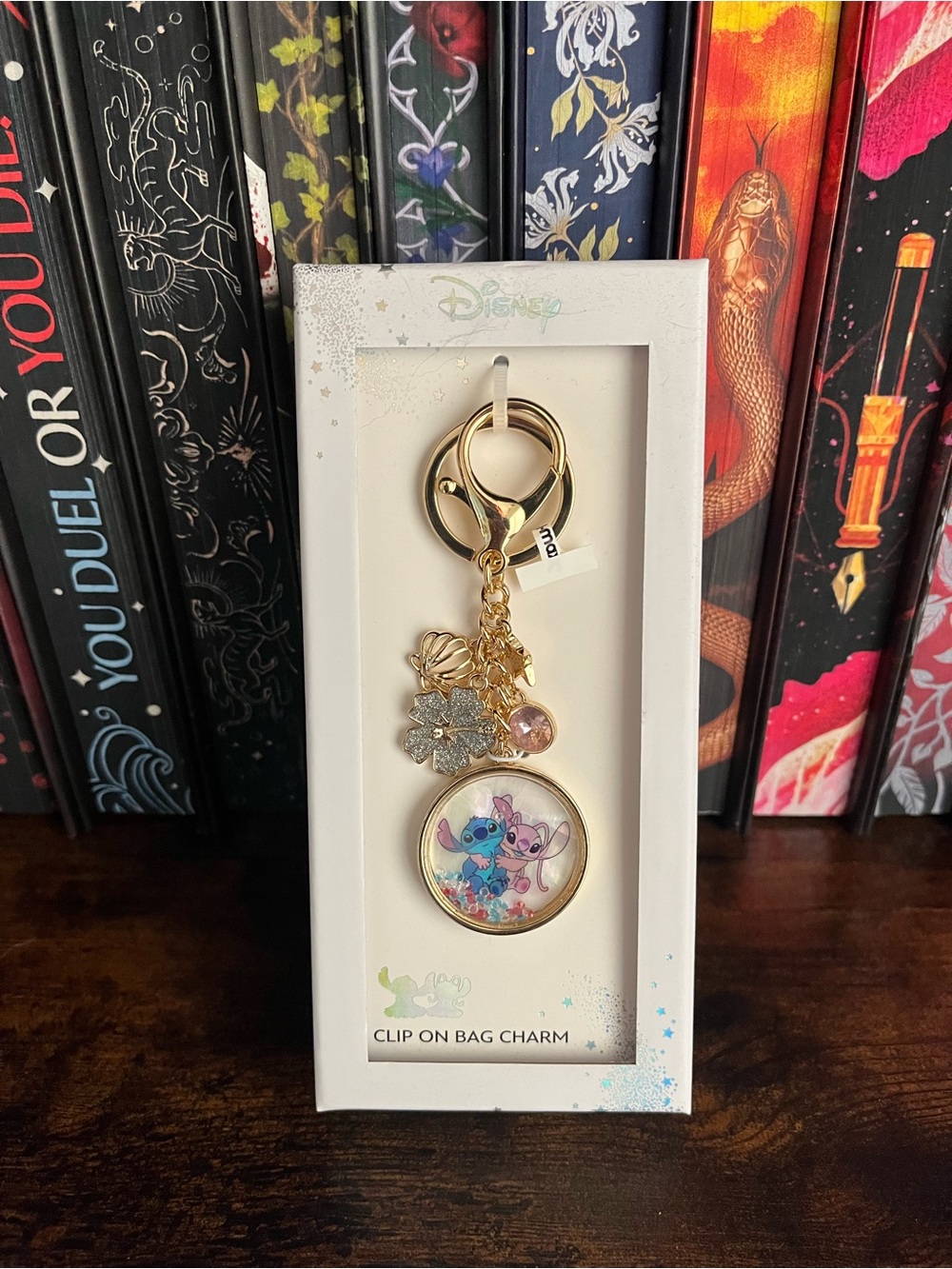 Disney Gold Stitch & Angel Charm Keychain — Pink & Blue